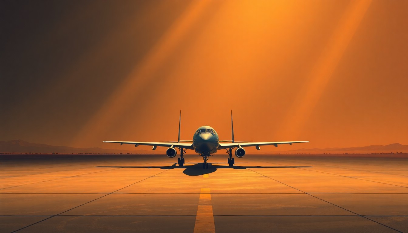 A serene, cinematic painting depicting a solitary military aircraft on the tarmac of Kirtland Air Force Base, with the base's buildings and hangars visible in the background, all bathed in warm, golden sunlight and deep shadows, capturing the base's quiet importance and enduring presence.