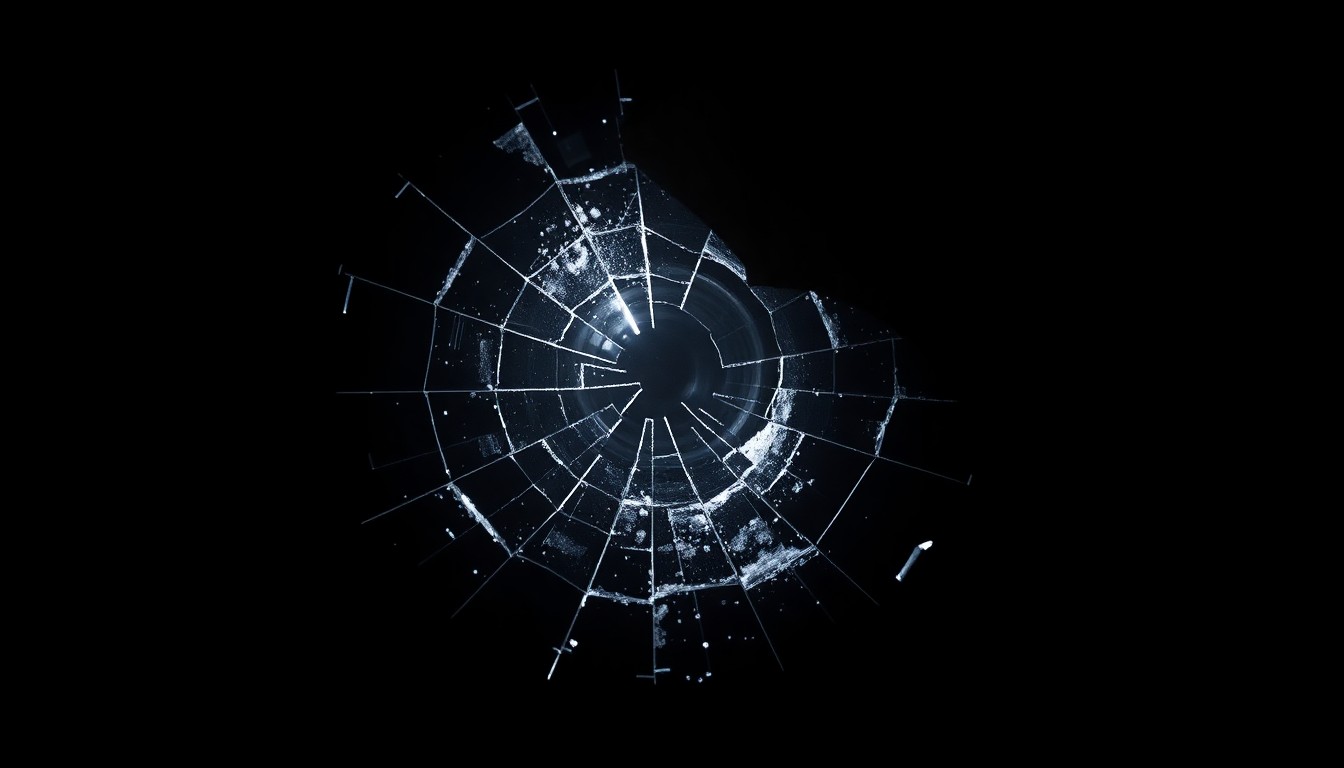 An extreme close-up photograph of a shattered glass lens from a security camera, lit by a harsh, direct camera flash against a pitch-black background, conceptually representing the failure of public systems to prevent the Southport attack.