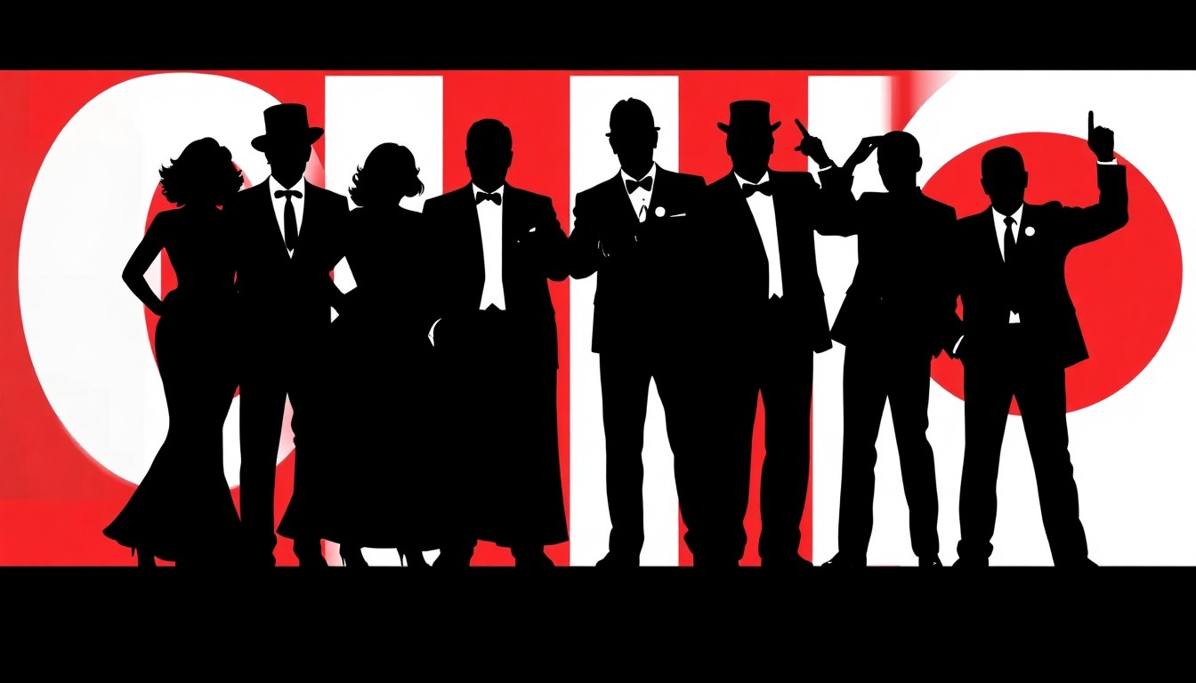 A dynamic abstract illustration featuring bold black silhouettes and bright red and white geometric shapes, conceptually representing the comedic characters and musical numbers of the Mel Brooks musical 'The Producers'.