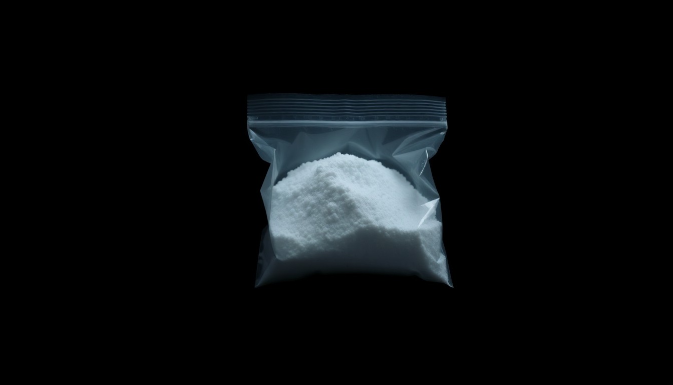 An extreme close-up of a small plastic bag containing a white crystalline powder, reflecting the harsh light of a direct camera flash against a pitch-black background, conceptually illustrating the gritty nature of the drug trafficking crimes.