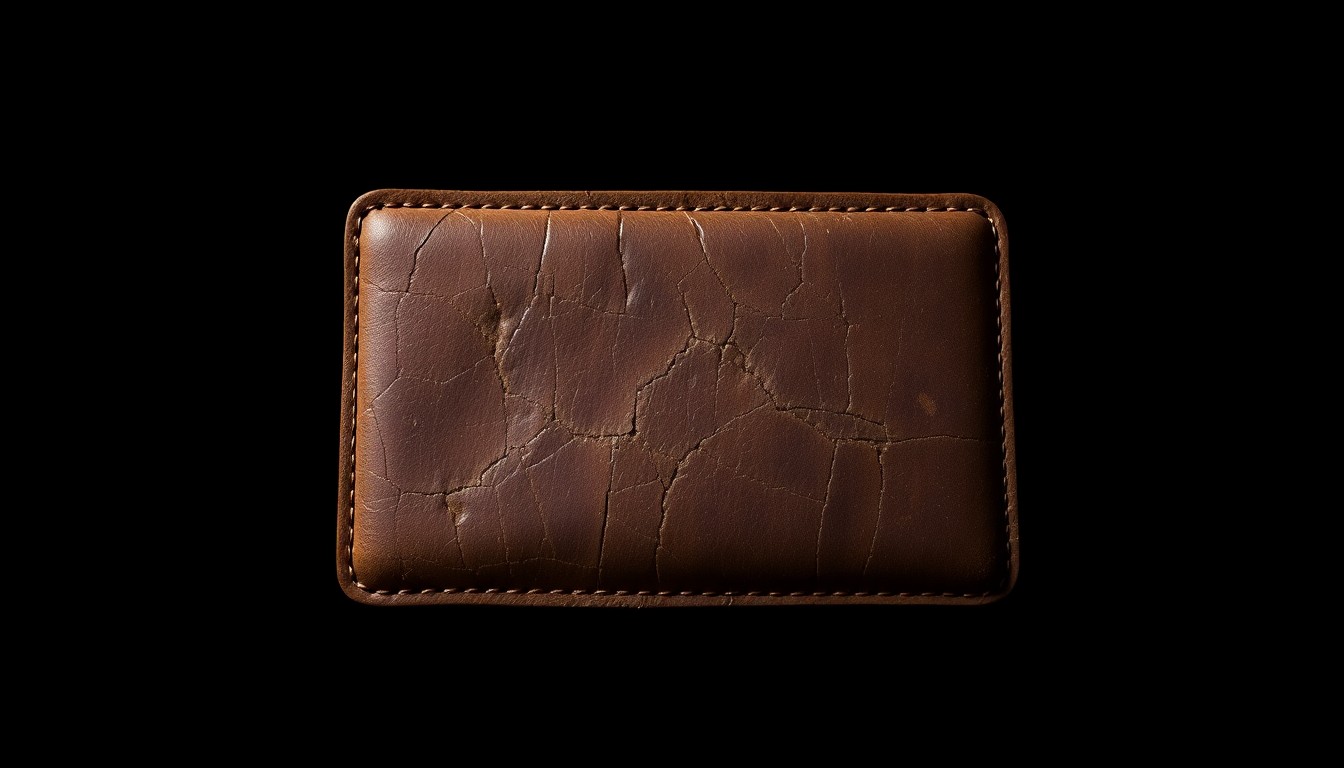 An extreme close-up photograph of a worn, tattered leather wallet, its surface cracked and aged, dramatically lit by a harsh camera flash against a pitch-black background, conceptually representing the mystery and investigation surrounding this decades-old unsolved crime.