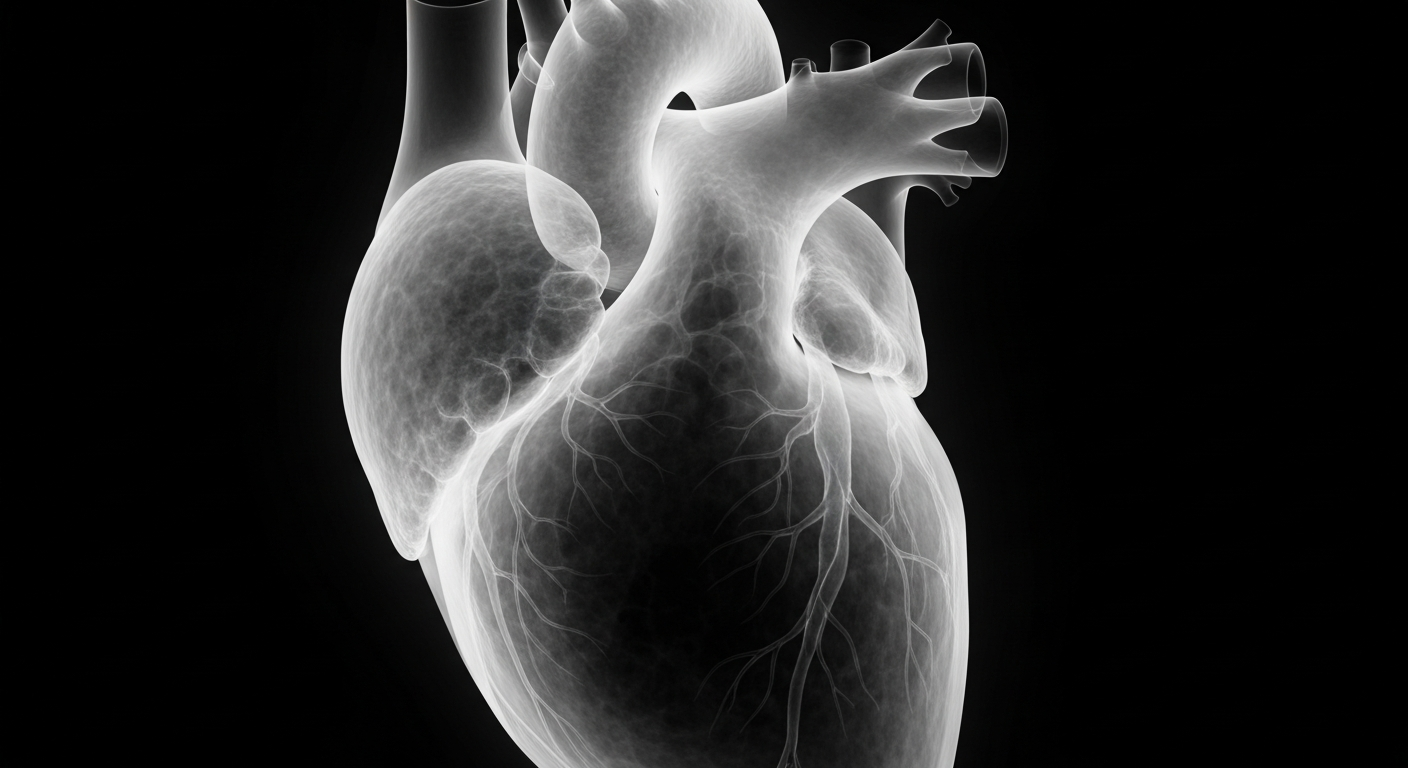 A translucent X-ray photograph revealing the intricate internal structure of a human heart, glowing against a dark background and conveying a sense of clinical precision and medical insight.