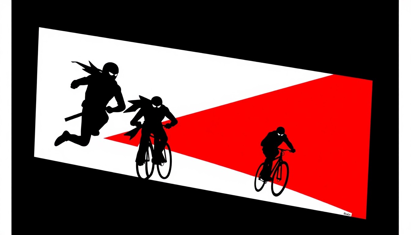 An abstract, minimalist composition of bold, jagged geometric shapes in high-contrast red and black, conceptually representing the iconic Steel Ball Run race from the JoJo's Bizarre Adventure series.