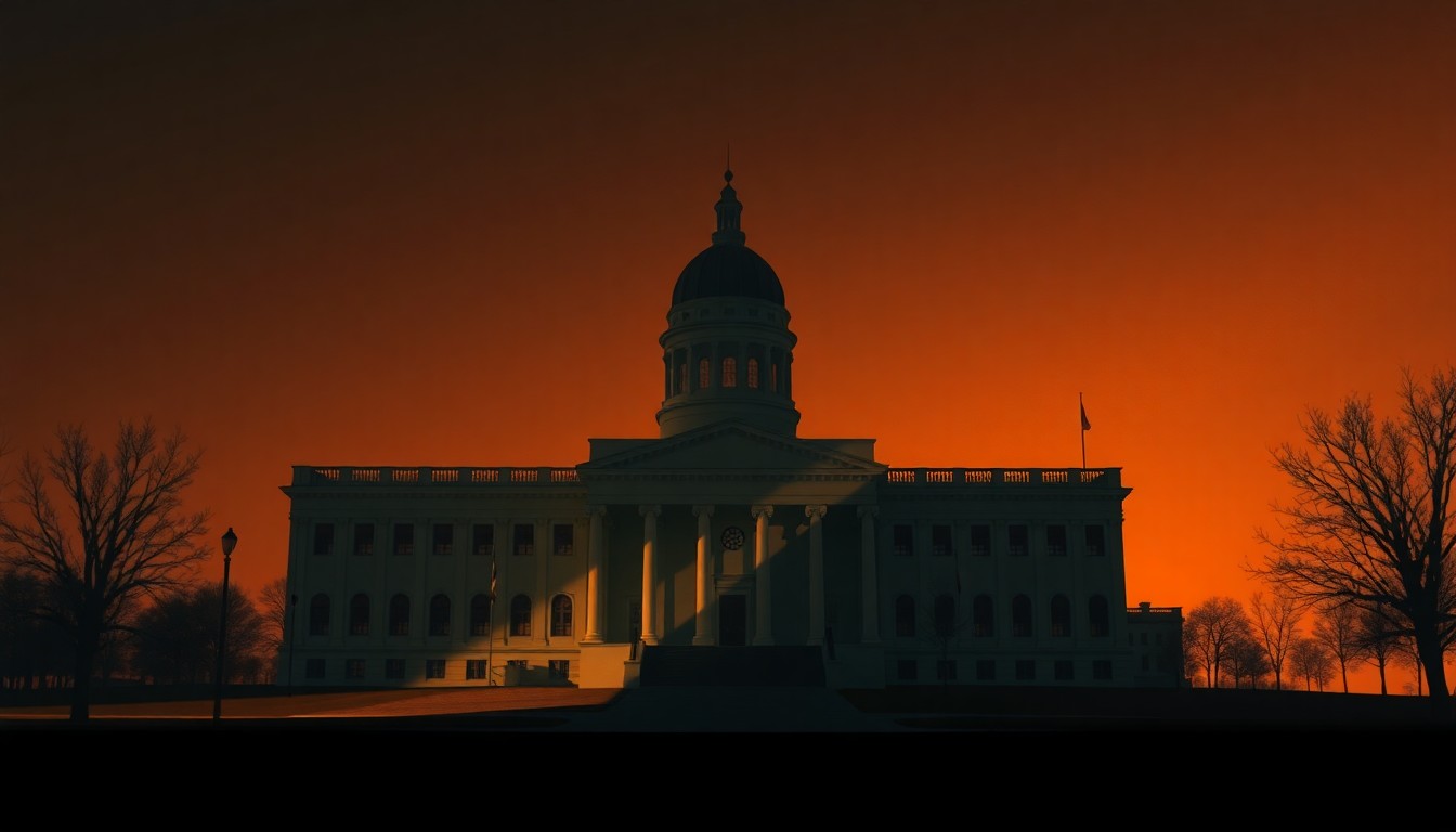 A photorealistic painting of a stately government building in New Jersey, its facade illuminated by warm, angled sunlight casting deep shadows, conveying a sense of quiet contemplation and civic duty.
