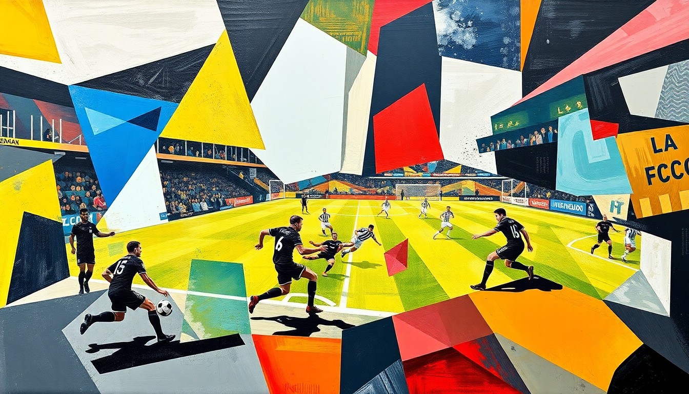 A fragmented, cubist-style painting depicting the dynamic action of a soccer match, with the players' forms broken down into geometric shapes and planes of vibrant colors that convey the intensity and energy of the game.