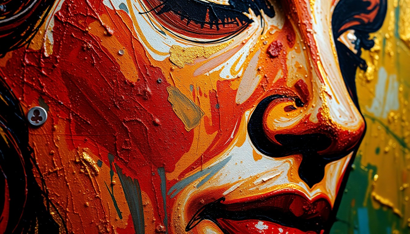 An extreme close-up photograph of the textured, vibrant brushstrokes and colors of a Picasso painting, abstractly capturing the luxurious, glamorous nature of the artwork.