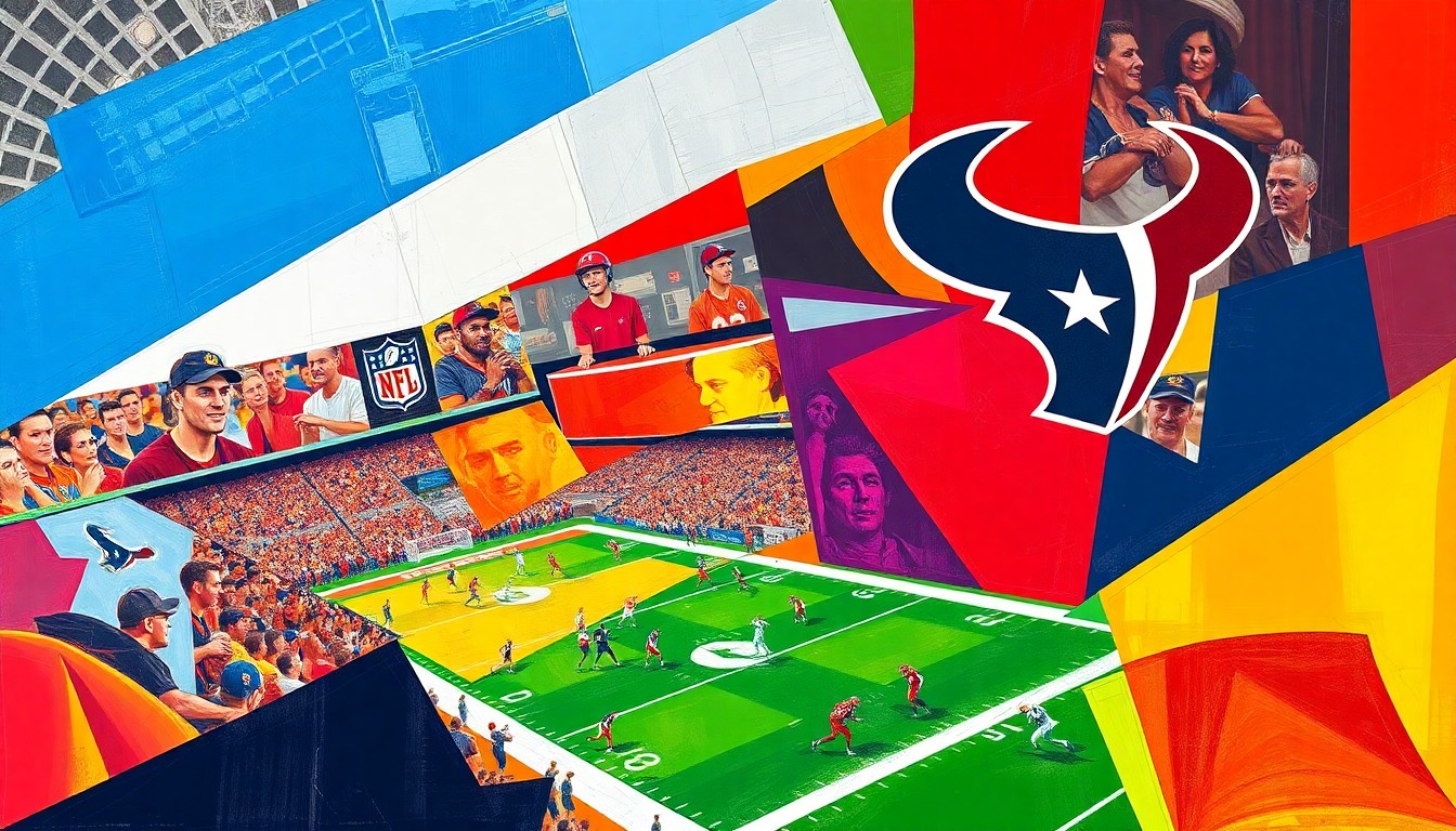 A fractured, cubist-style painting depicting a football game or draft scene, with sharp geometric shapes and planes in the Texans' team colors of navy blue, red, and white, conveying the multifaceted nature of the team's offseason planning.
