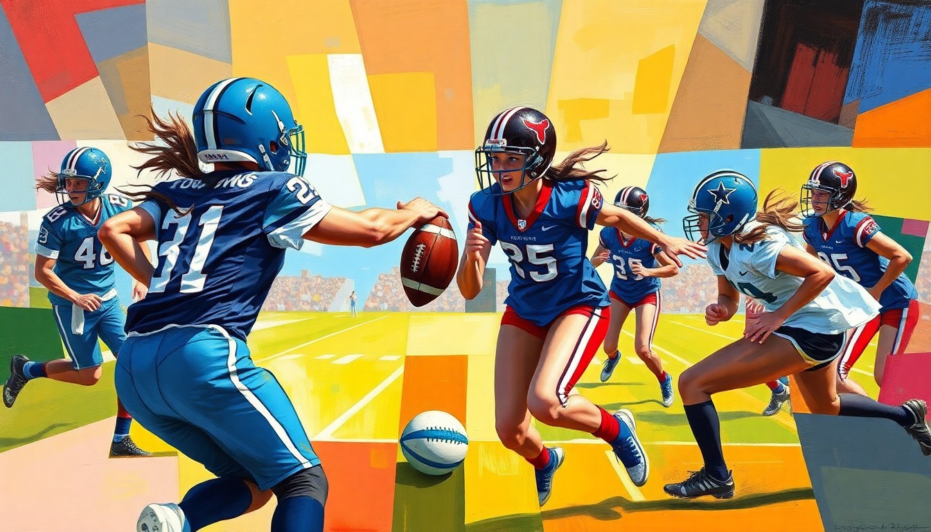 A fractured, cubist-style painting depicting the dynamic action of a girls flag football game, with the players' movements and the ball's trajectory broken down into sharp, overlapping geometric shapes in the team colors of the Cowboys and Texans.