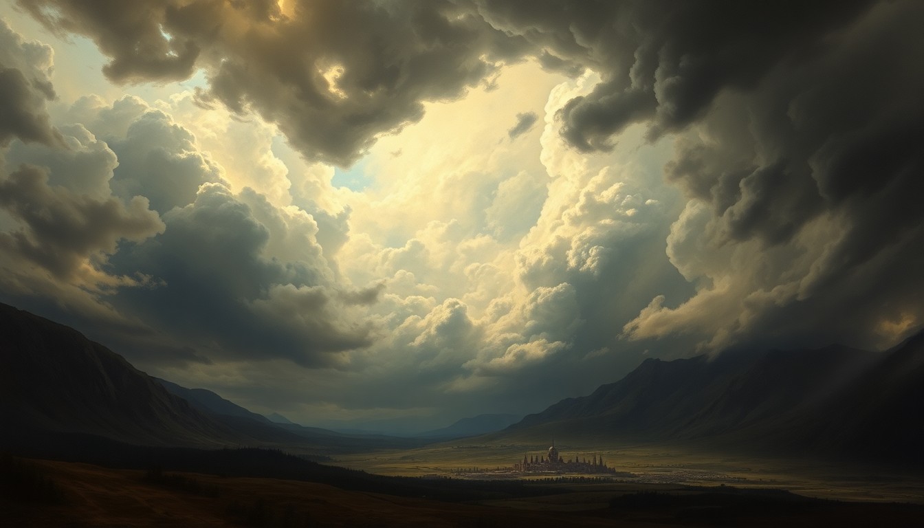 A sweeping, atmospheric landscape painting in muted tones of gray, blue, and gold, depicting an approaching severe thunderstorm with dark, ominous clouds dominating the frame and dwarfing any visible structures or objects.