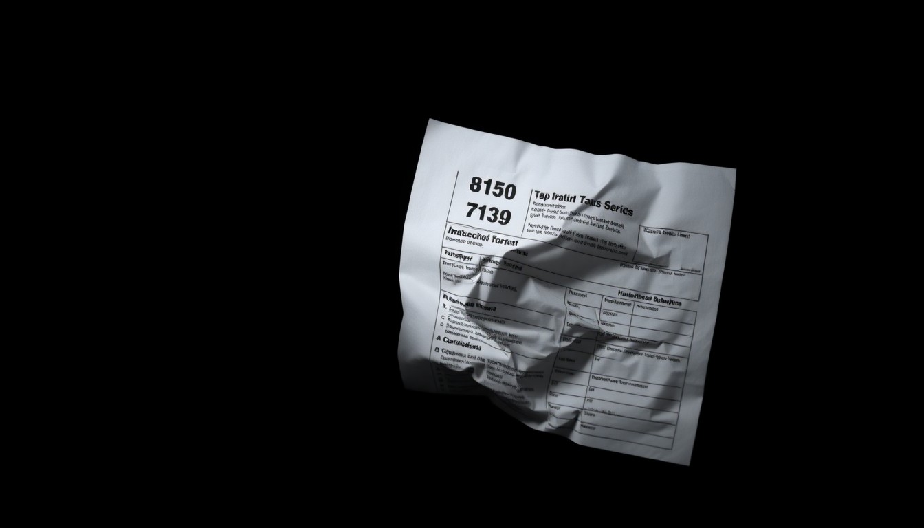 An extreme close-up photograph of a crumpled IRS tax form, with the textured paper and shadows creating a dramatic, gritty aesthetic that conceptually represents the investigative nature of uncovering tax fraud.