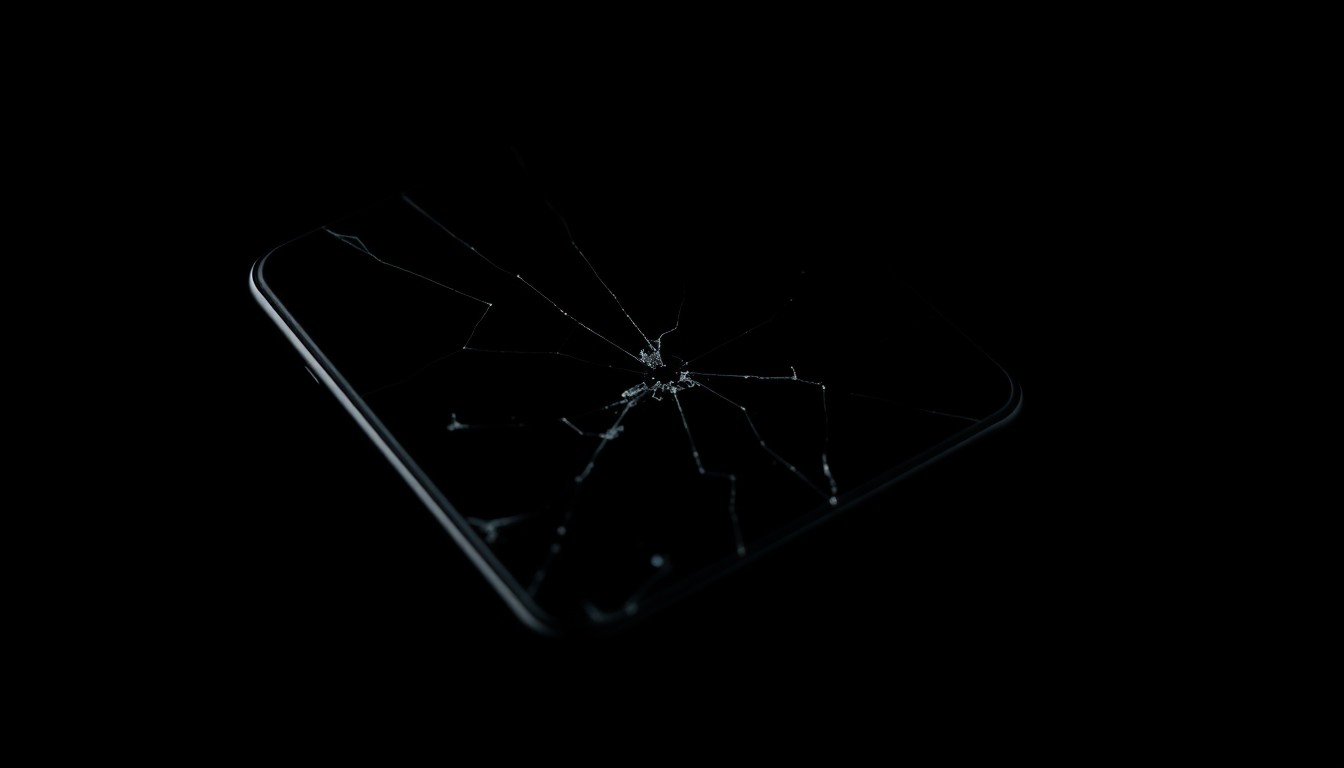 An extreme close-up of a cracked smartphone screen, the harsh flash illuminating the fragmented glass and conceptually representing the dangers of distracted driving.