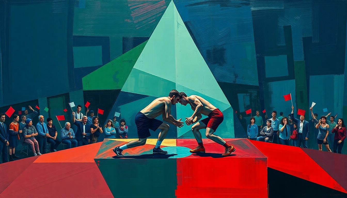 A cubist, geometric painting depicting the dynamic movements and energy of a high school wrestling match, with sharp, overlapping planes of color representing the athletes and the intensity of the sport.