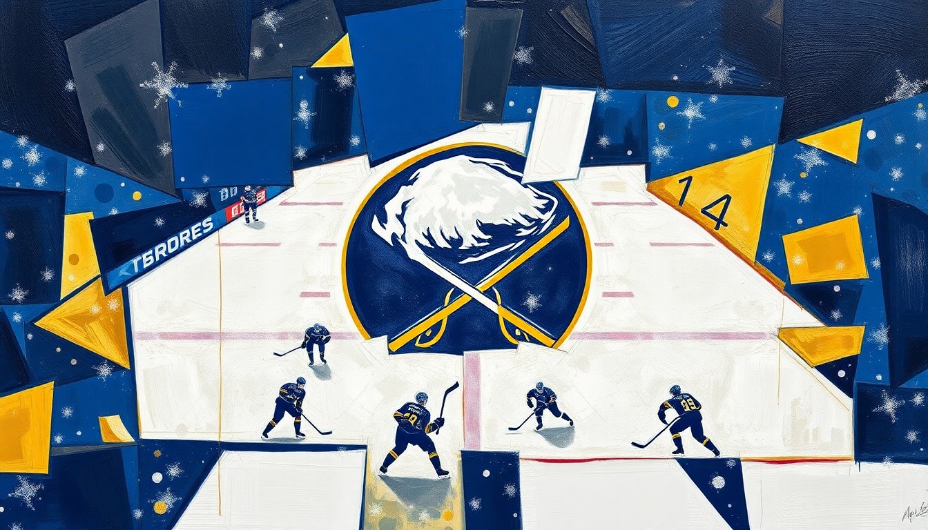 A cubist, geometric painting in navy blue, gold, and white, depicting the fractured, multi-perspective action of a Sabres hockey game, conceptually representing the team's hard-fought journey back to the postseason.
