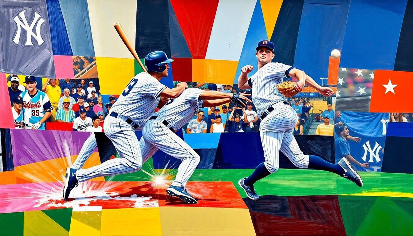A cubist, geometric painting depicting the motion of a baseball player sliding into home plate or a pitcher winding up to throw, with sharp, overlapping planes of color representing the dynamic action of the sport.