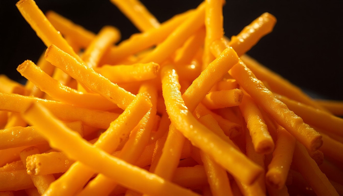 An abstract close-up photograph of a pile of golden, glistening french fries, the crisp texture and dramatic lighting creating a high-fashion, glamorous aesthetic.