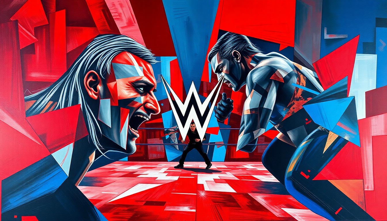 A fractured, multi-perspective painting depicting a WWE wrestling match, with the figures and arena broken down into sharp, overlapping geometric planes in a palette of deep reds, electric blues, and metallic silvers.