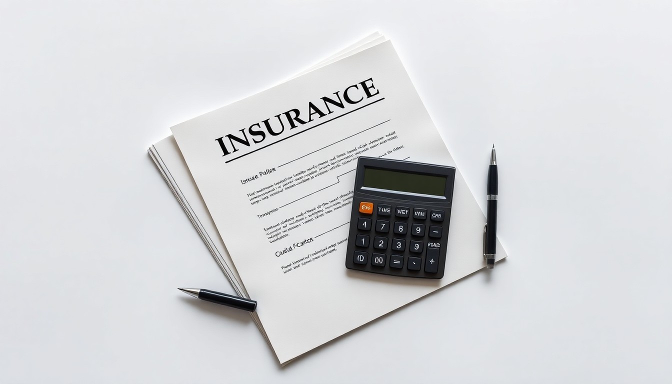 A minimalist studio still life featuring a stack of insurance documents, a calculator, and a pen arranged on a clean, monochromatic background, conceptually representing the precision and attention to detail required for insurance agency accounting.