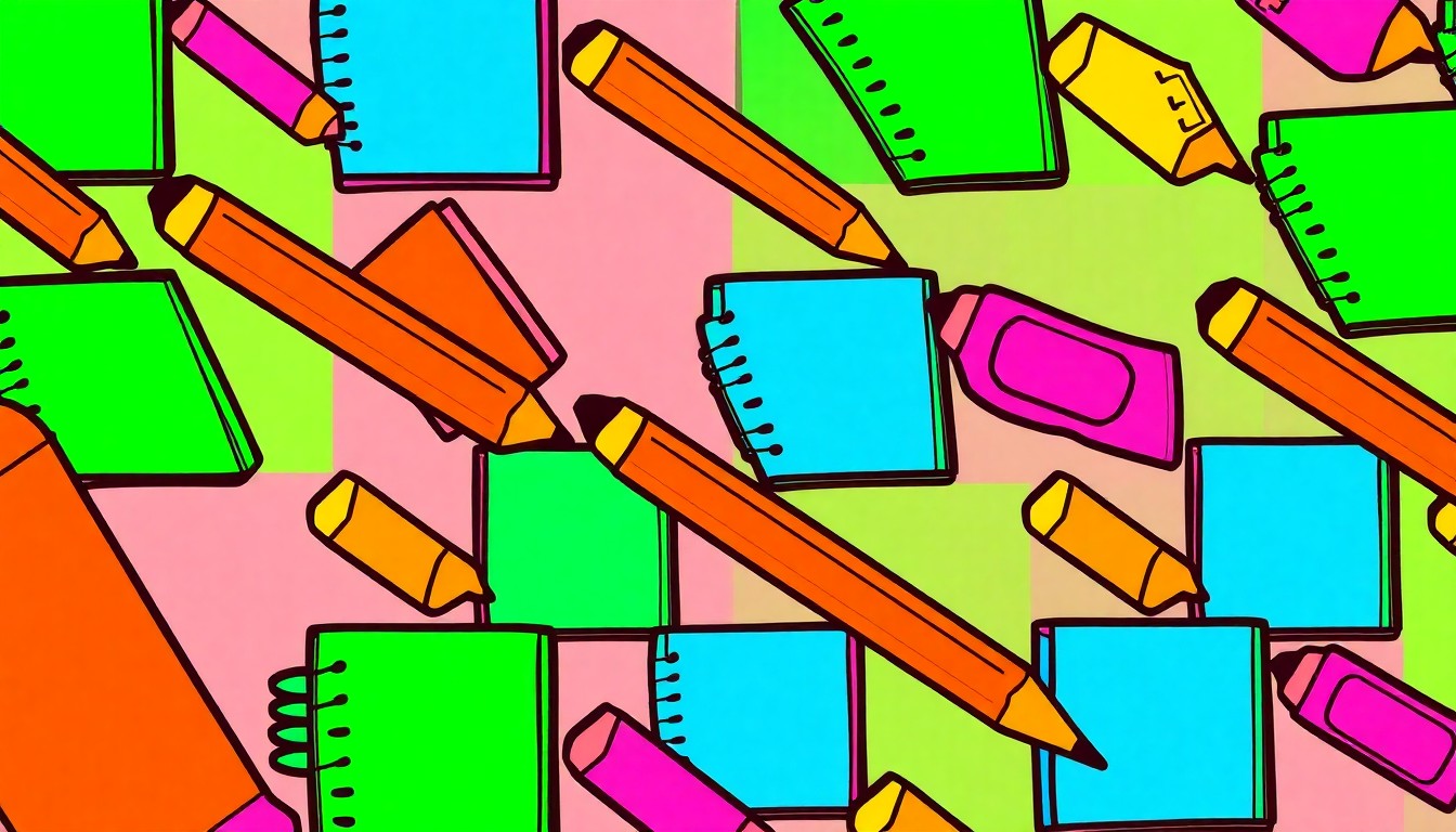 A vibrant, high-contrast silkscreen print featuring a repeated pattern of a single school supply item in a grid, rendered in a bold, pop art style with flat, neon colors and heavy black outlines.