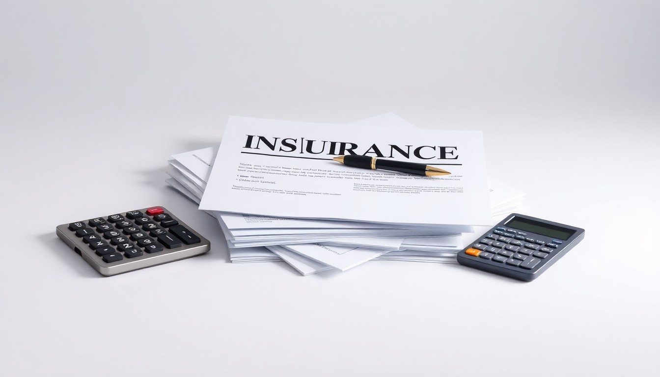 A photorealistic studio still-life featuring a stack of insurance policy documents, a pen, and a calculator on a clean, monochromatic background, conceptually representing the financial aspects of the insurance industry.