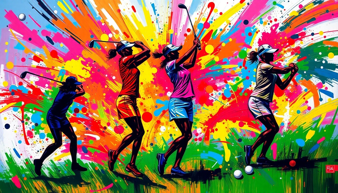 An abstract expressionist painting in vibrant neon colors, with rapid brushstrokes capturing the dynamic motion and energy of a women's golf tournament.