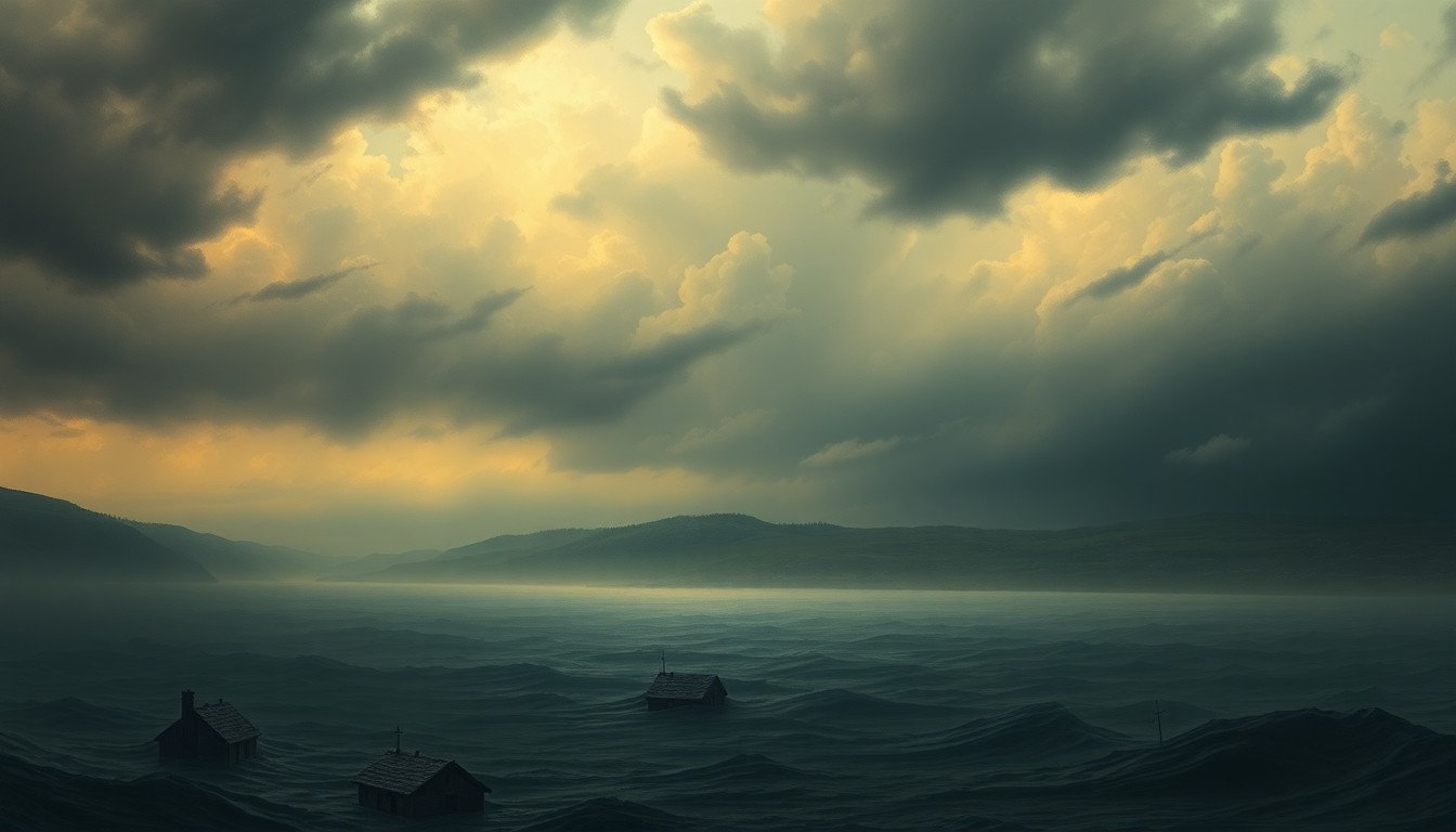 A vast, atmospheric landscape painting depicting a flooded coastal village surrounded by a dramatic, stormy sky, conveying the overwhelming scale and power of the natural forces at play.