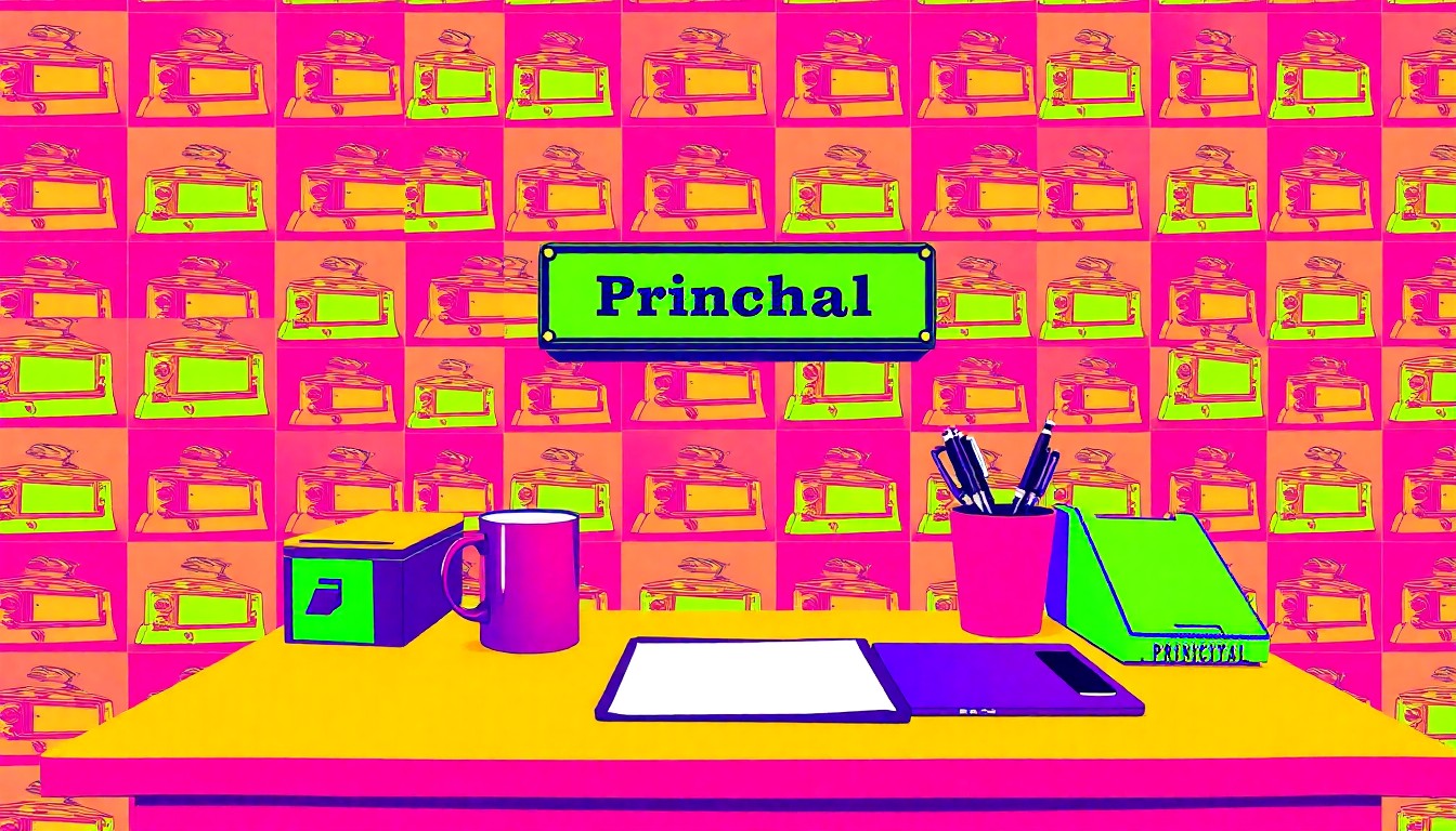 A brightly colored, high-contrast silkscreen print of a school principal's desk with a nameplate, coffee mug, and pen holder, repeated in a tight grid pattern, conceptually representing the recognition of exceptional school leadership.