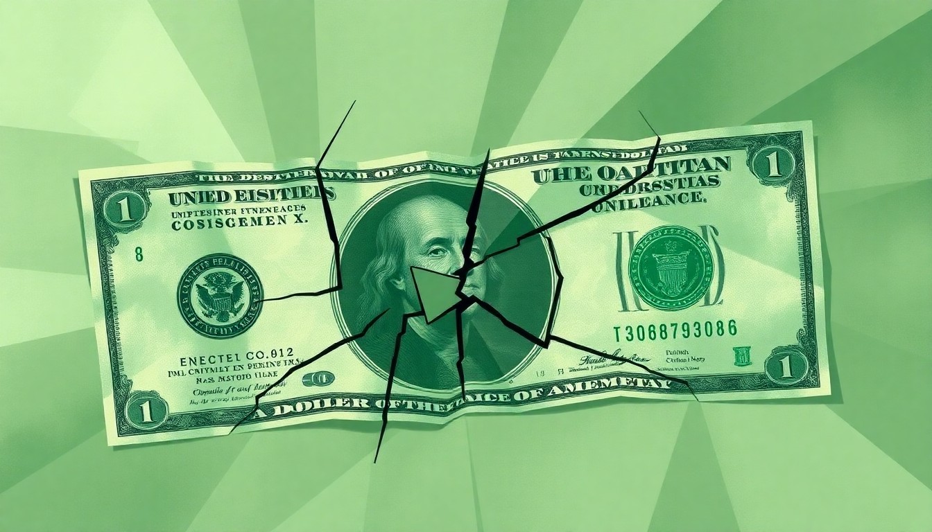 A fragmented, abstract painting in shades of green and gray, depicting a U.S. dollar bill broken into overlapping, geometric shapes, conveying a sense of instability and turbulence in the financial system.