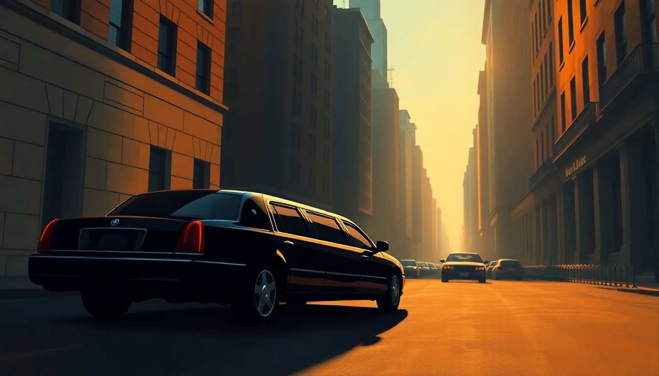 A solitary black limousine parked on a deserted urban street, with warm sunlight and deep shadows creating a cinematic, nostalgic mood.