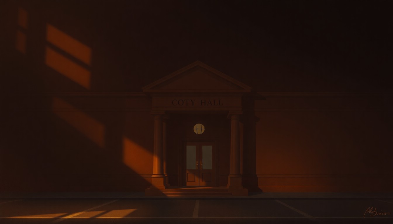 A serene, cinematic painting of a government building or office space, with warm sunlight casting deep shadows and creating a contemplative, nostalgic mood.