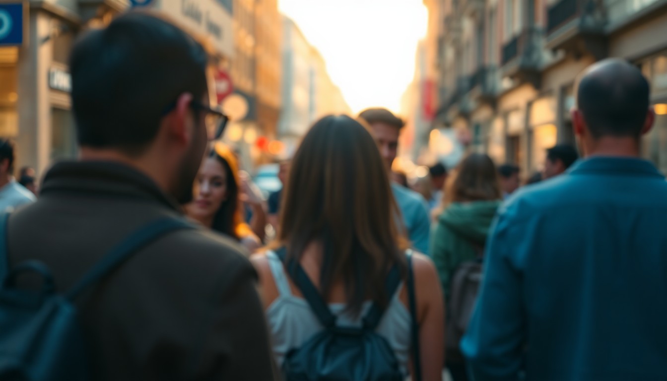 An abstract, impressionistic scene of people conversing on a city street, with soft, blurred pools of warm light and color creating a sense of community and connection.