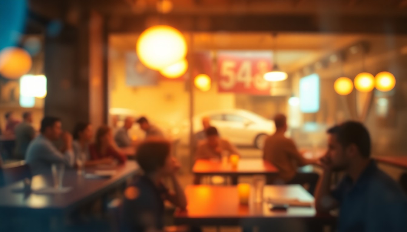 An abstract, out-of-focus photograph showing blurred silhouettes of people dining at tables, with warm pools of soft color and light, conceptually representing the evolving culinary landscape in Los Angeles.