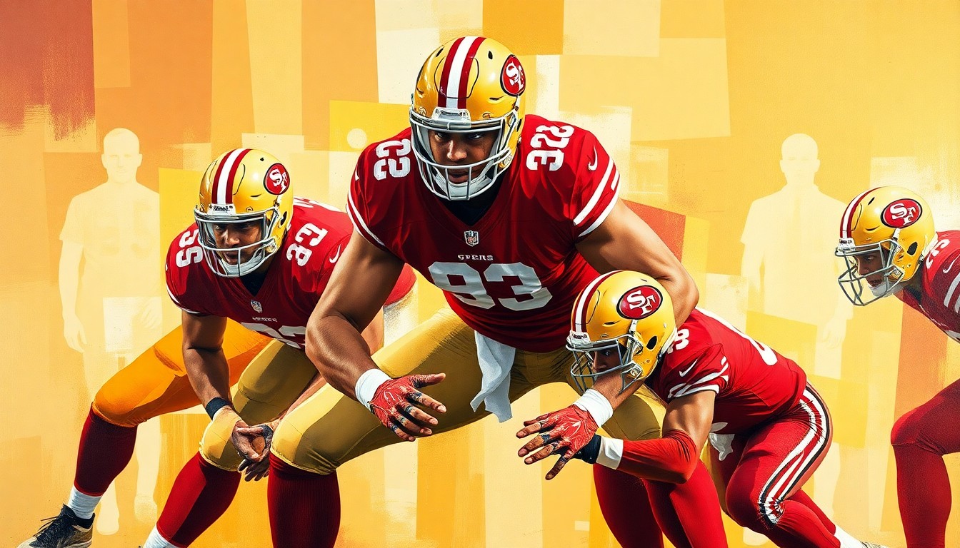A fragmented, geometric painting depicting an offensive line in the 49ers' colors, with sharp planes and angles representing the complexity and importance of this position group.