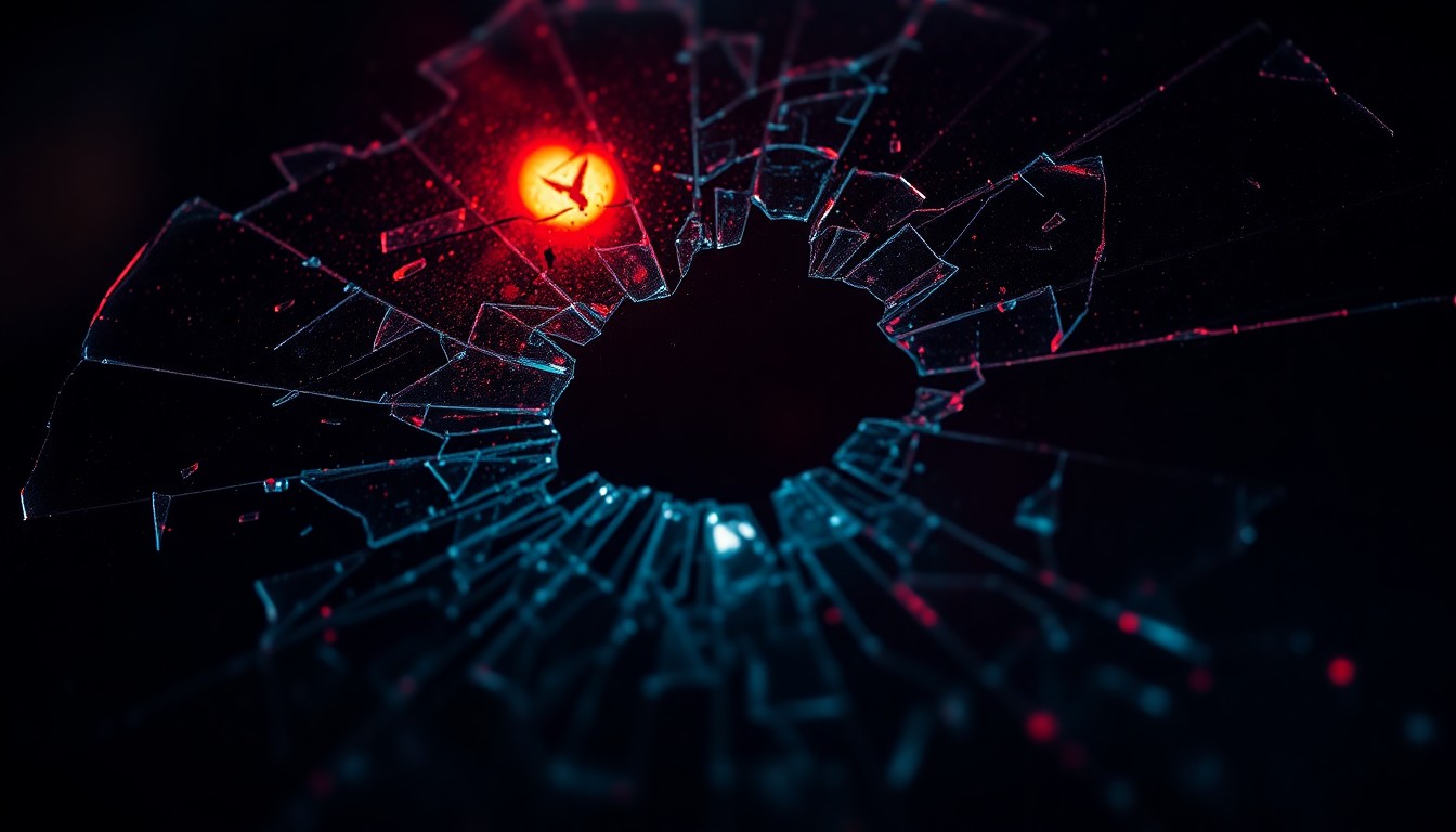 An extreme close-up photograph of shattered glass with a faint red light reflection, conveying the serious and investigative nature of a violent crime scene.