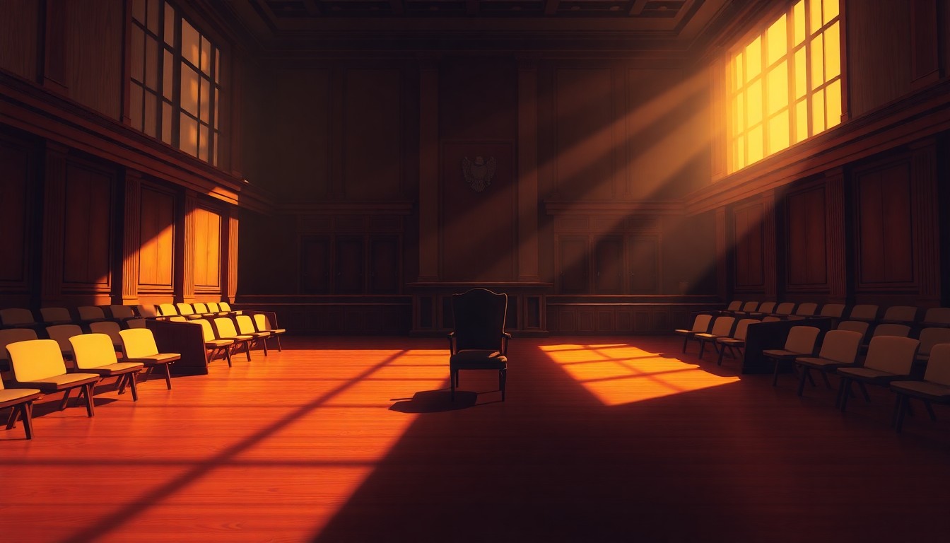 A quiet, cinematic painting of an empty courtroom with a single chair at the center, bathed in warm, diagonal sunlight and deep shadows, conveying a sense of contemplative power and judicial authority.