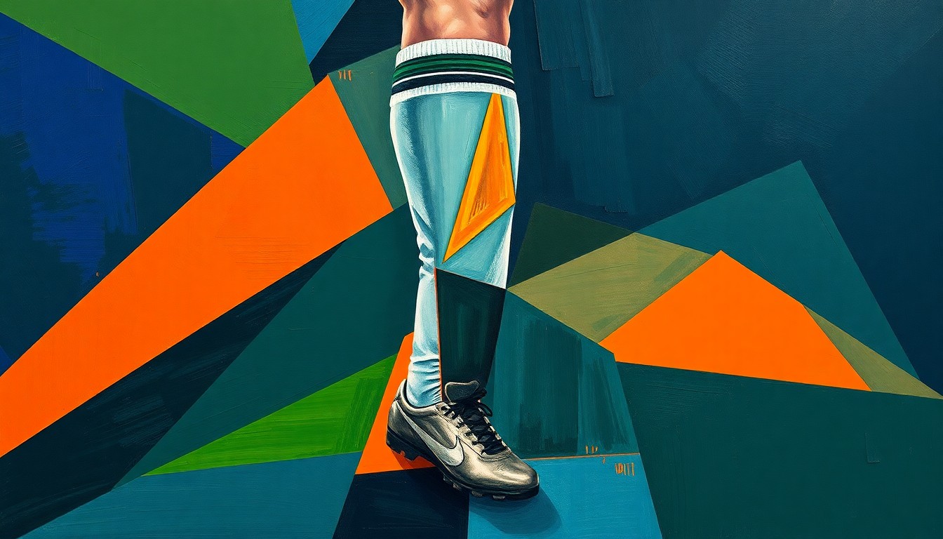 A fragmented, geometric painting depicting a soccer player's injured leg, with sharp planes of navy, green, and orange hues conveying the raw physicality and emotional impact of the setback.