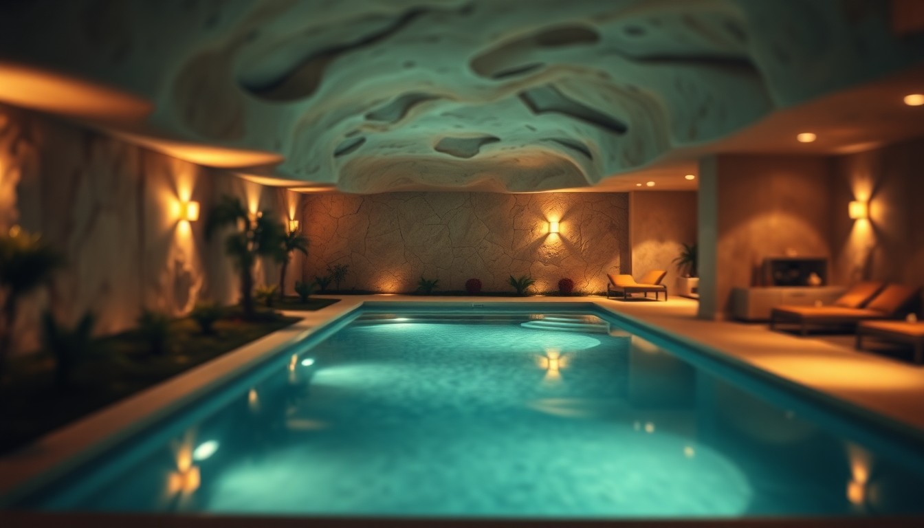 A blurred, dreamlike photograph of an underground living space with a swimming pool, lush greenery, and warm, diffused lighting, conveying a sense of secluded luxury.