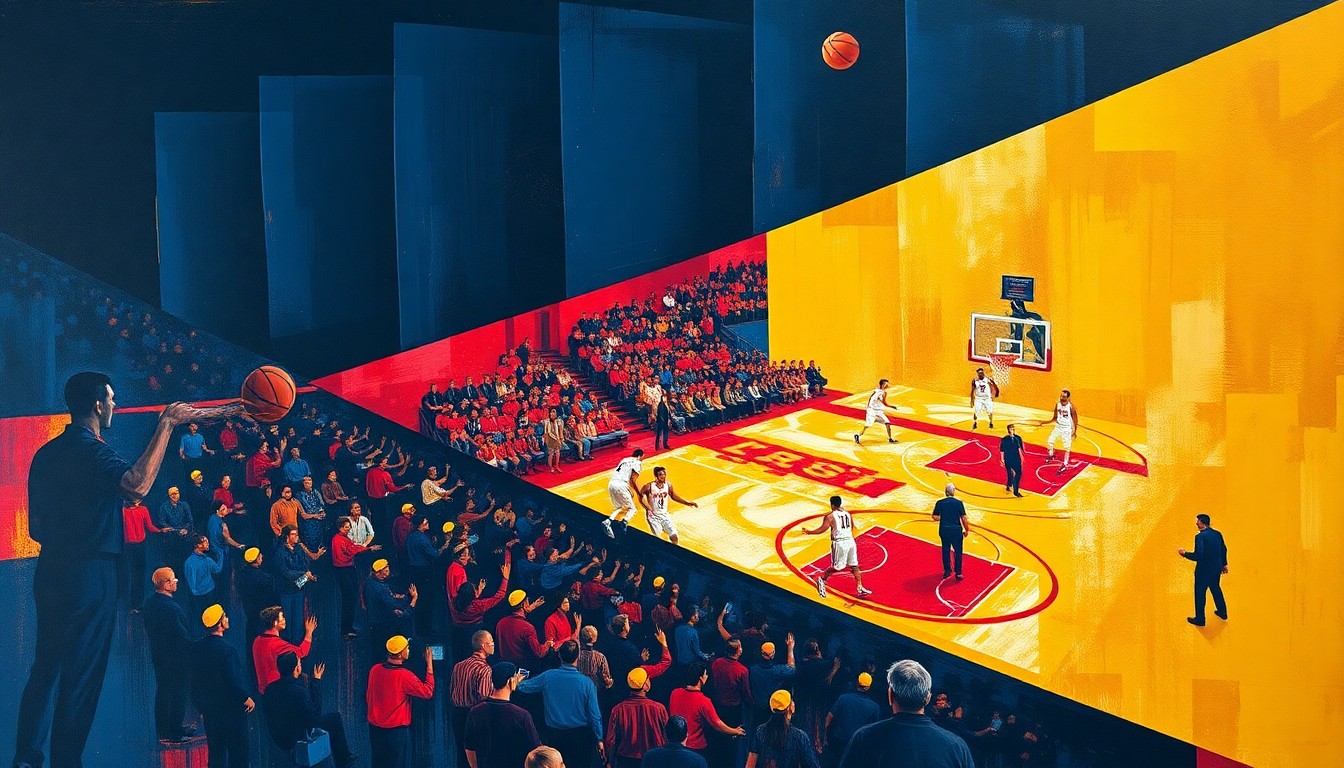 A fractured, cubist-style painting depicting a college basketball game, with the court, players, and spectators broken down into sharp, overlapping geometric shapes in a palette of navy, crimson, and gold, conceptually representing the volatility and financial pressures of the modern NIL era.
