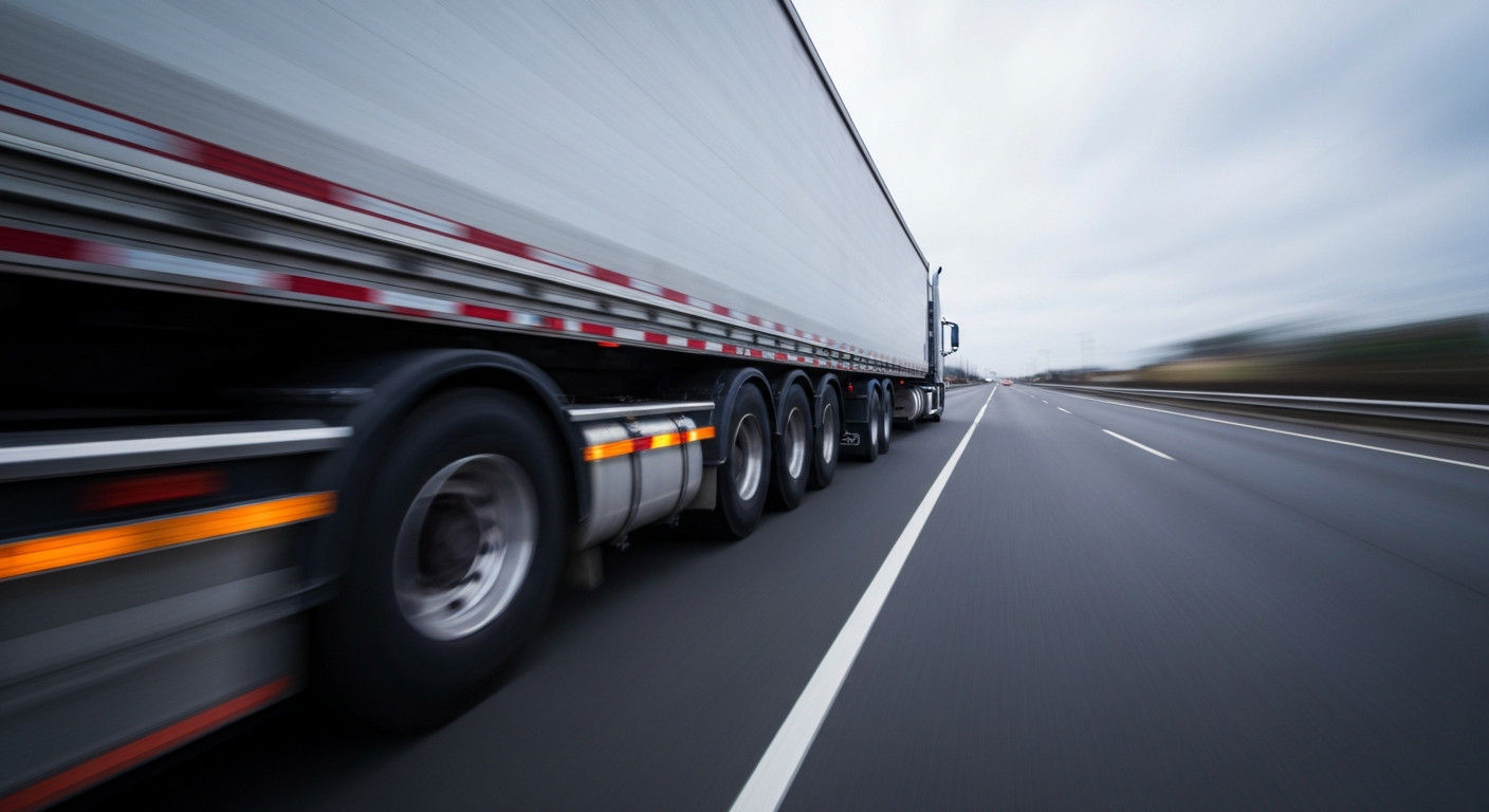 An abstract, blurred image of a semi-truck speeding down a highway, conveying the chaotic motion and power of a runaway vehicle.