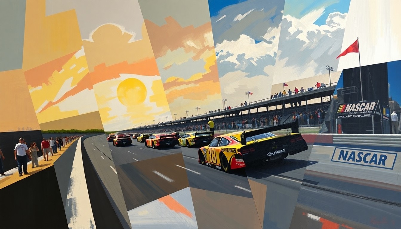 A cubist, geometric painting depicting a fractured, multi-angled view of a NASCAR race scene, with sharp planes of color and form representing the complex dynamics between a rising driver and the organization behind him.