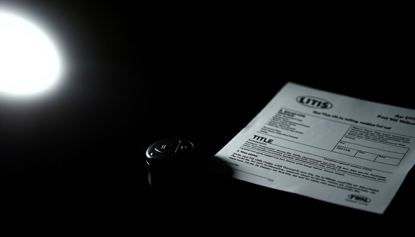 An extreme close-up of a car key and title documents, the harsh flash creating a stark, gritty aesthetic that conceptually represents the investigative nature of this fraud case.