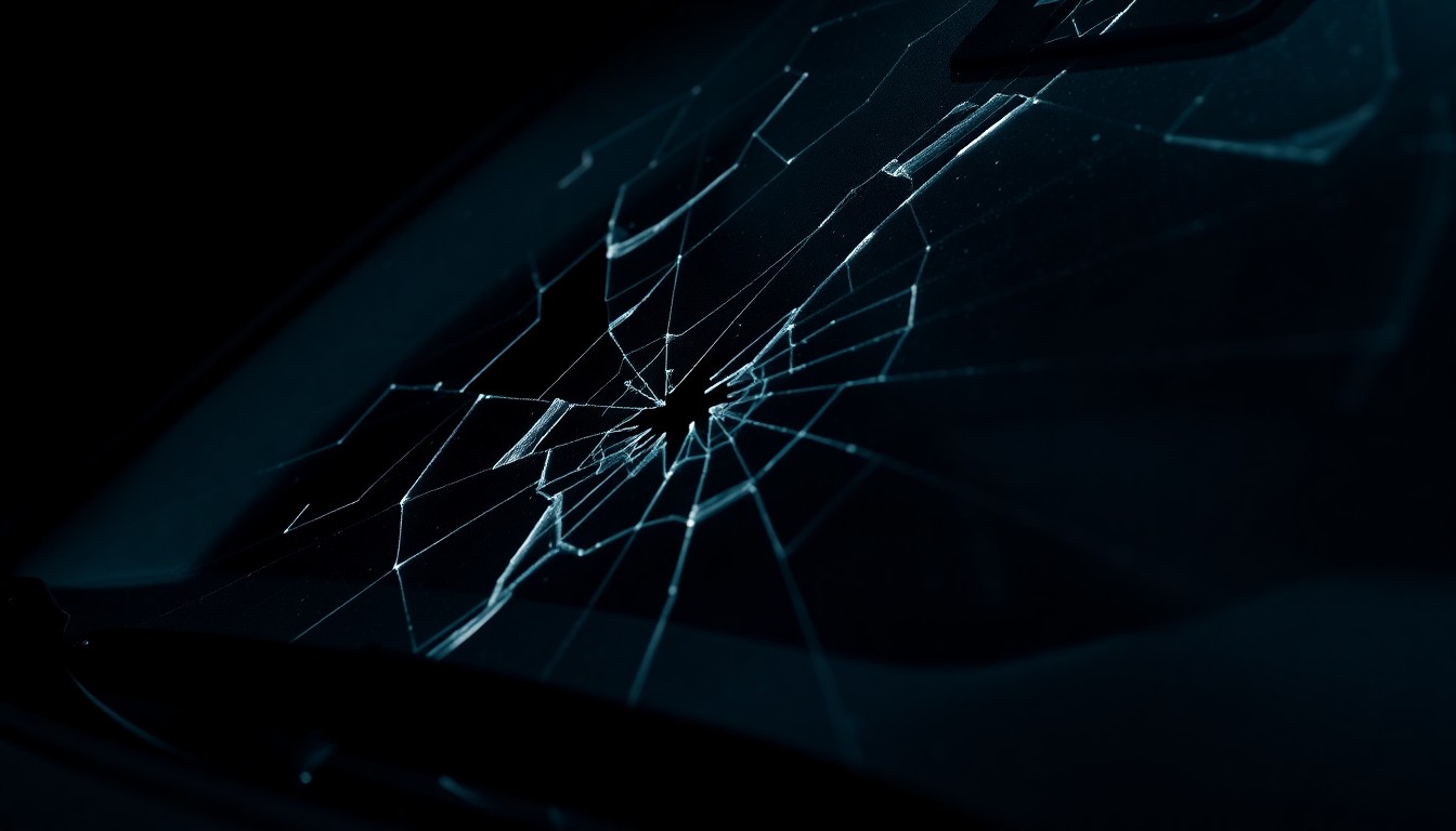 An extreme close-up photograph of a cracked and damaged car windshield, lit by a harsh direct flash against a pitch-black background, conceptually illustrating the types of property damage incidents investigated by the Crook County Sheriff's Office.