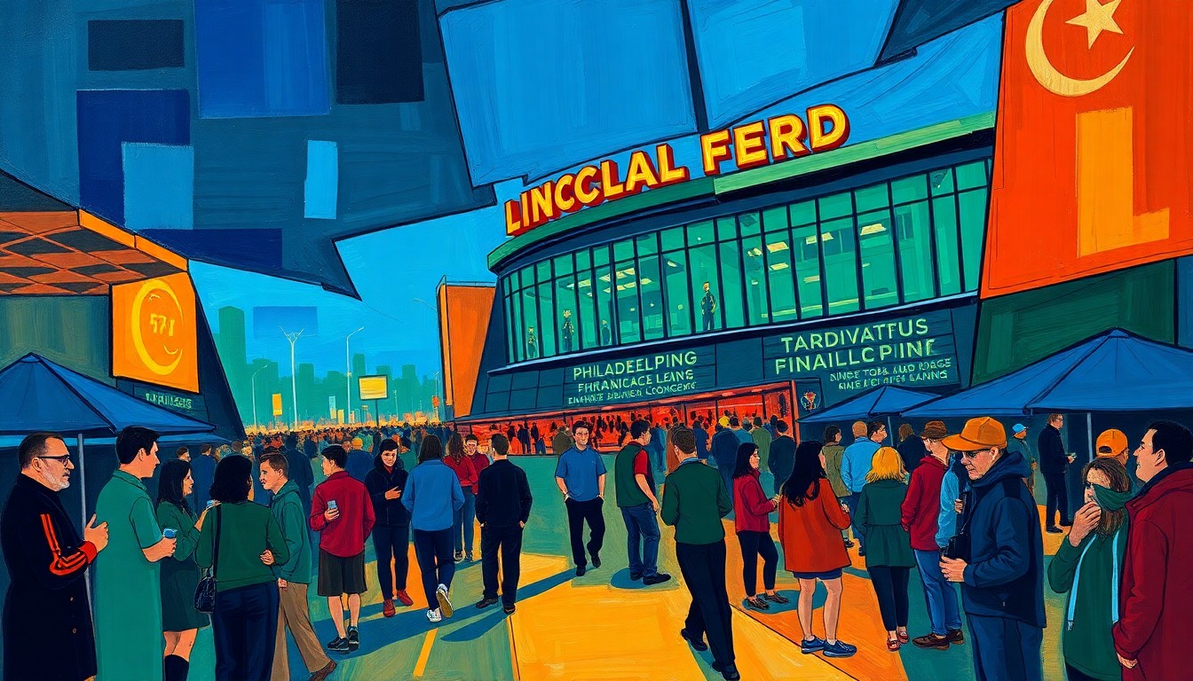A cubist, geometric painting depicting the energy and movement of a lively tailgating scene outside a sports stadium, with vibrant colors and overlapping shapes that capture the festive atmosphere.