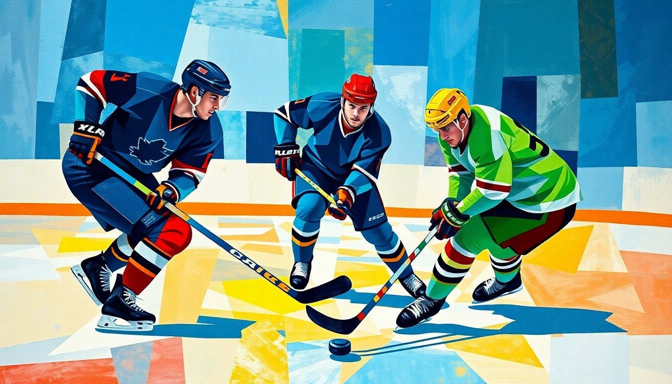 A fractured, geometric painting depicting the abstracted forms of hockey players, the puck, and the ice surface in a vibrant color palette, conveying the raw energy and excitement of the Sabres' playoff run.