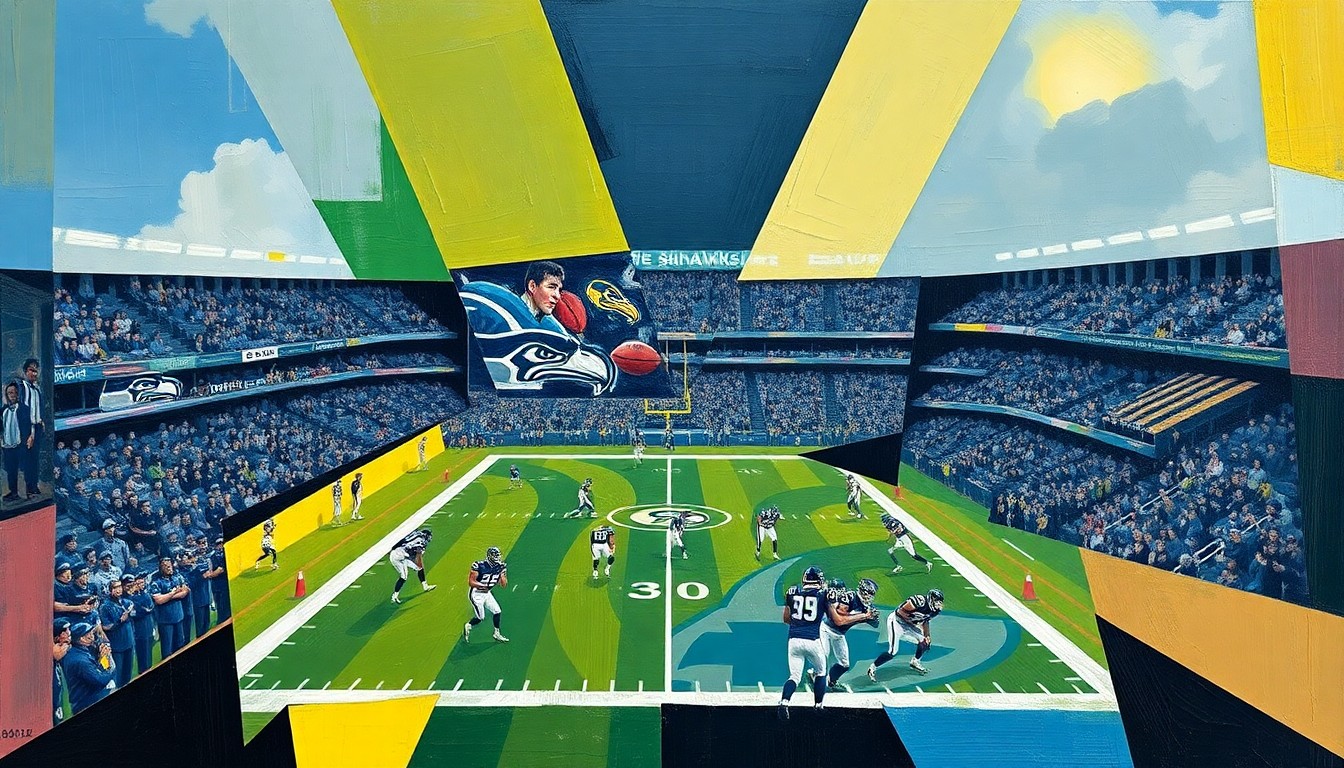 A cubist, geometric painting depicting a fragmented football field or draft board, with sharp, overlapping shapes and planes representing the Seahawks' draft considerations and options.