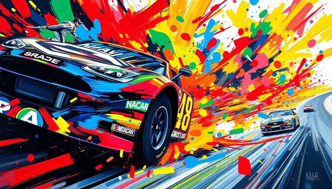 An abstract, expressionist painting in neon colors depicting the blurred, energetic motion of NASCAR race cars, conveying the excitement and drama of the competition between young driver Connor Zilisch and experienced racer Kyle Larson.