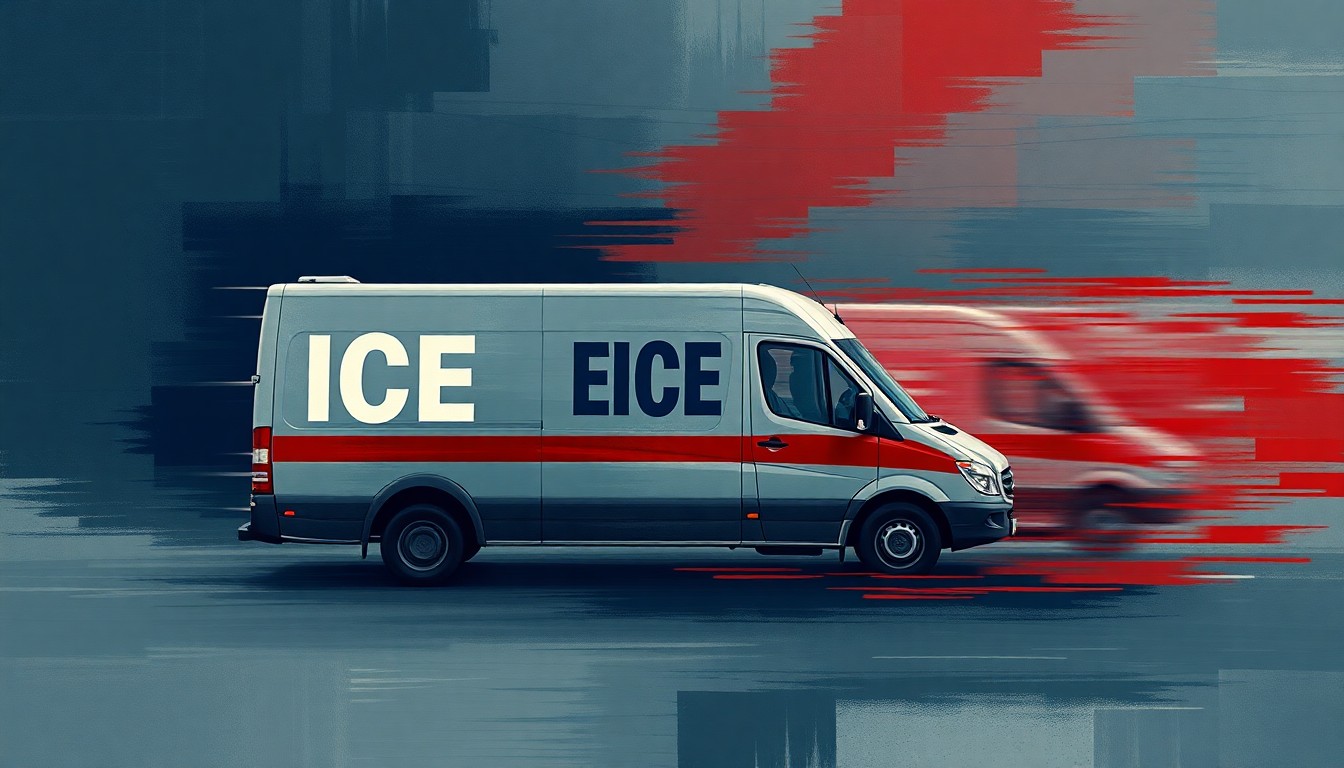 A dynamic, abstract painting featuring an ICE deportation van repeated in overlapping, geometric shapes and waves of dark blue, grey, and red, conveying a sense of motion and urgency around the administration's immigration enforcement actions.