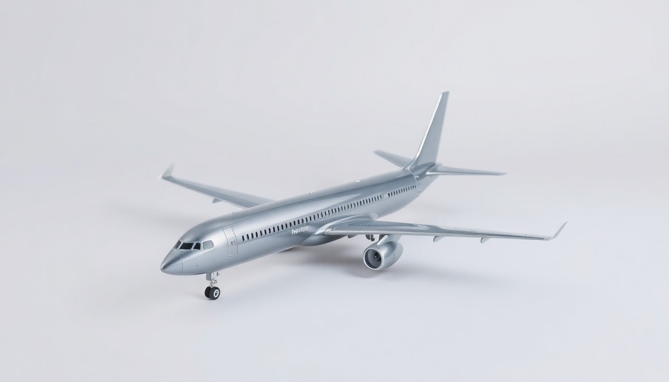 A photorealistic studio still-life image featuring a sleek, metallic model airplane against a clean, monochromatic background, conceptually representing the growth and expansion of air travel in the Knoxville region.