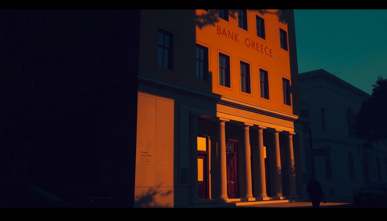 A serene, photorealistic painting of the exterior of a grand, classical-style bank building, with warm sunlight casting long shadows across the facade and surrounding streets, conveying a sense of quiet contemplation and economic stability.