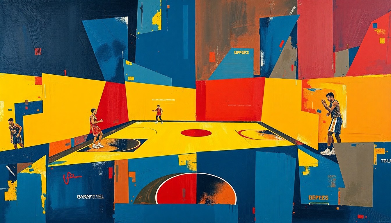 A fragmented, geometric painting in shades of blue, yellow, and red, capturing the tension and uncertainty surrounding the Golden State Warriors' future under coach Steve Kerr.