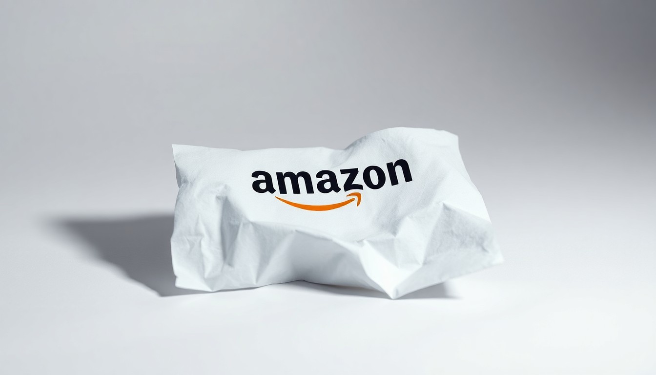 A photorealistic studio still-life photograph featuring a single, crumpled piece of paper with the Amazon logo, lying alone on a stark white background and dramatically illuminated with deep shadows, symbolizing the weight and gravity of the tragic worker death.
